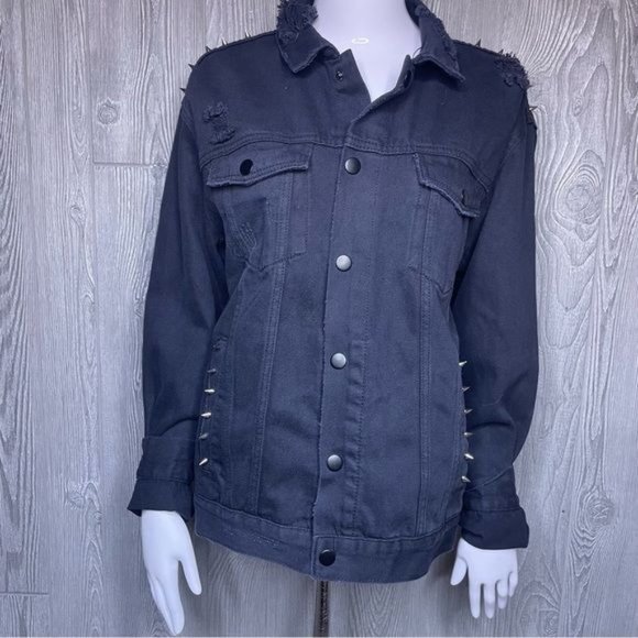 Guns and roses black denim jean jacket men’s size m upcycled distressed coat - Picture 13 of 16